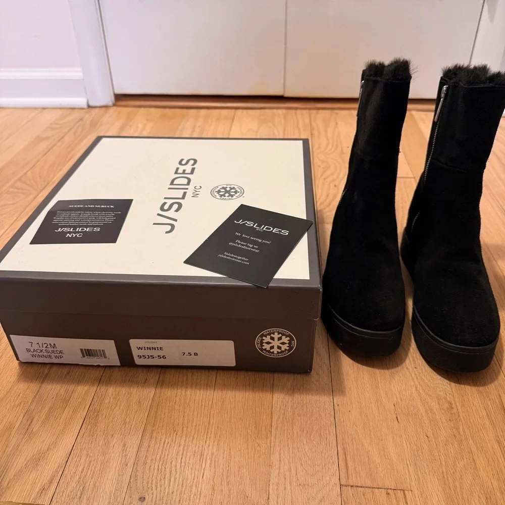 J Slides NYC Waterproof Women's Black Winter Suede Boots Size 7.5